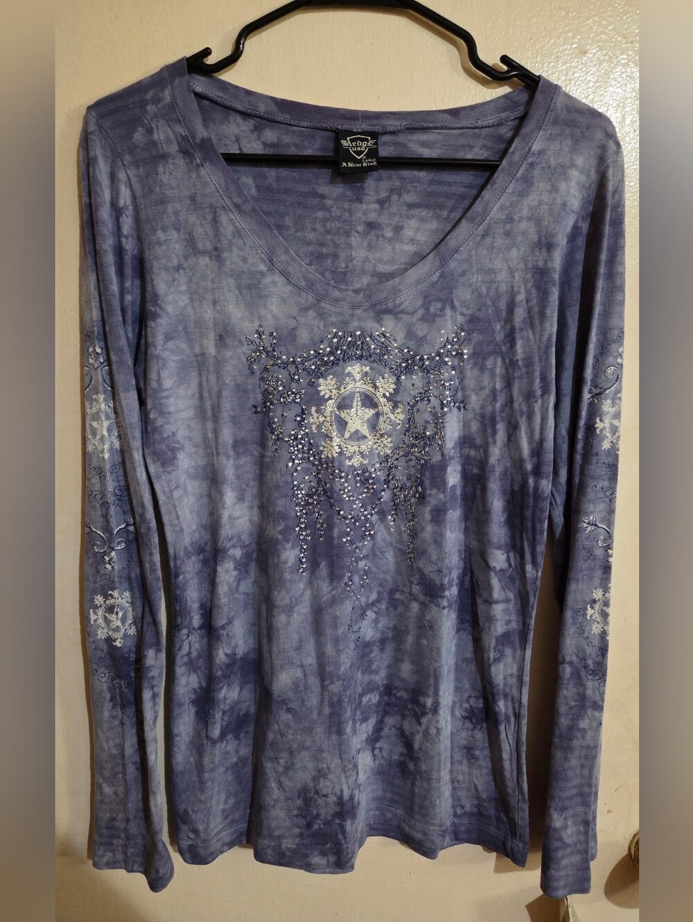 Sledge USA Y2K Periwinkle Grunge Rhinestone Soft Long Sleeve Shirt NWOT Size L